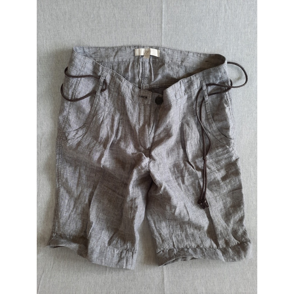 Ann Taylor Loft Women 6 Linen Gray Canvas Bermuda Shorts with Black String‎ Belt